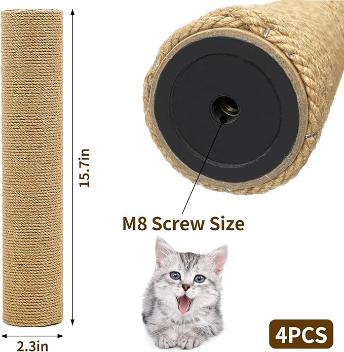 Fhiny 4PCS Cat Scratching Post Replacement 15.7" Natural Jute Spare Extension Scratch Post for Cats Tree DIY Craft Refill Pole Parts Hemp Rope Scratcher Climbing Perch for Indoor Kitten Brown