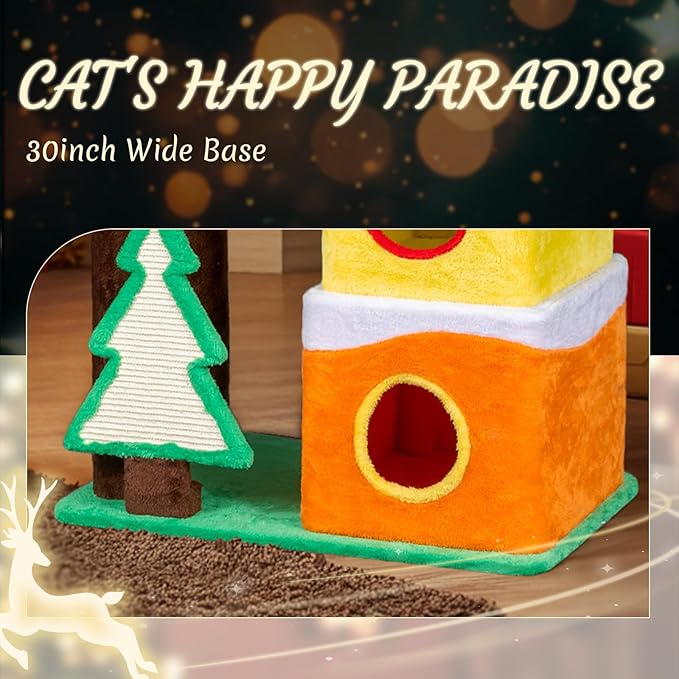 Outvita 56in Christmas Themed Plush Cat Tree, Multi-Level Cat Tower with Cat Condos, Top Crown Perch, Sisal Ramp Scratching Posts, Large Cat Pet Activity Center for Indoor Cats