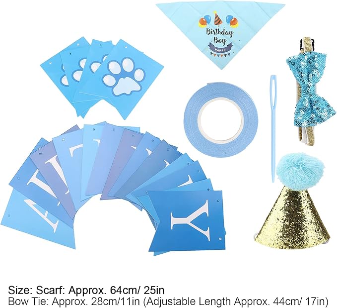 Dog Birthday Party Supplies Set with Hat Scarf Bow Tie, Reusable Pet Birthday Decorations for Small to Medium Dogs, Includes Streamers Ribbon and Pin for Photo Shoots