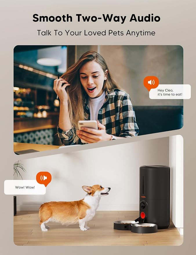 WOPET Automatic Cat Feeder with Camera for Two Cats, 1080p HD Automatic Dog Feeder, 5G WiFi Pet Feeder with Night Vision for Cat & Dog, SD Card Storage & 2-Way Audio