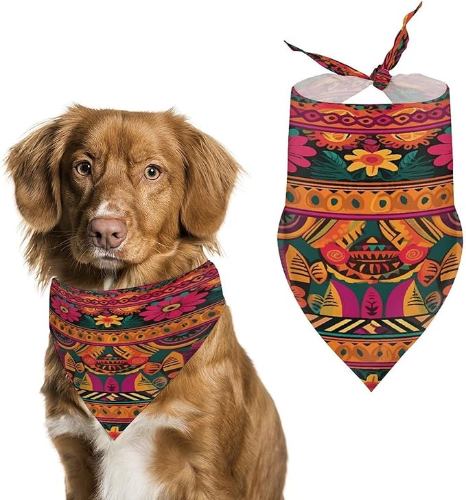 Dog Bandana Spring Pet Scarf Adjustable Triangle Mexican Folk Art Boho Printing Dog Bib Washable Polyester Puppy Bandana for Small Medium Large Dogs Cat Birthday Party Supplies