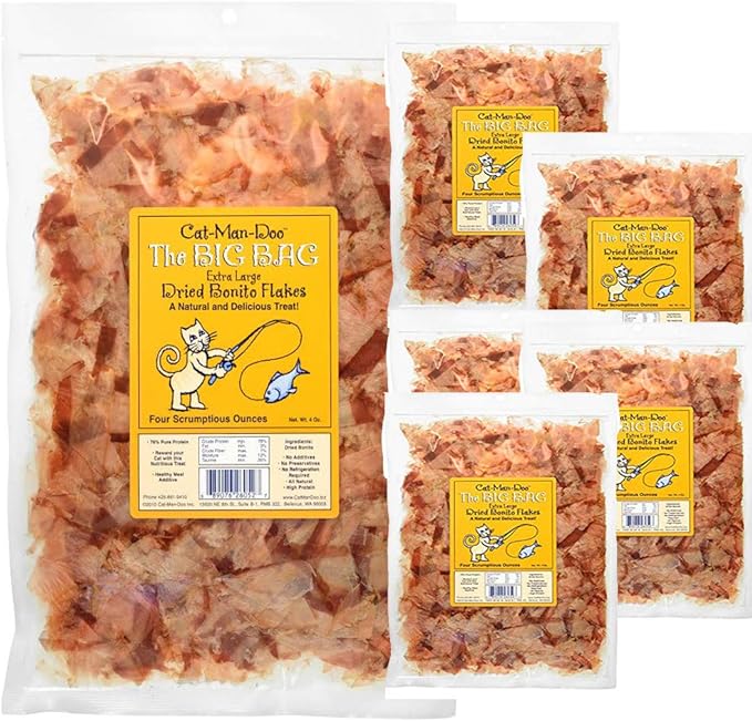 Cat-Man-Doo Extra Large Dried Bonito Flakes Treats for Dogs & Cats - All Natural High Protein Flakes - 4oz Bag (6 Pack)