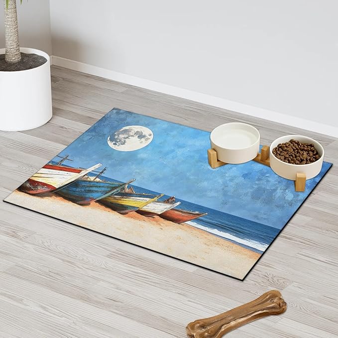 Seasides Sailboat Dog Food Mat for Floors Absorbent, Quick Dry Water Dispenser Mat for Food, Water, Pet Supplies 12" x 20", Nautical Coastal