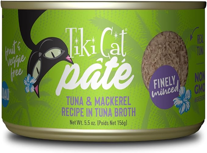 Tiki Cat Luau Pate, Ahi Tuna & Mackerel Recipe in Tuna Consumme, Grain-Free Balanced Nutrition Wet Canned Cat Food, for All Life Stages, 5.5 oz. Can (8 Count)