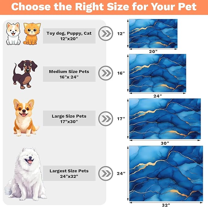 Navy Blue Marble Dog Food Mat for Floors Absorbent, Quick Dry Water Dispenser Mat for Food, Water, Pet Supplies 12" x 20", Marble