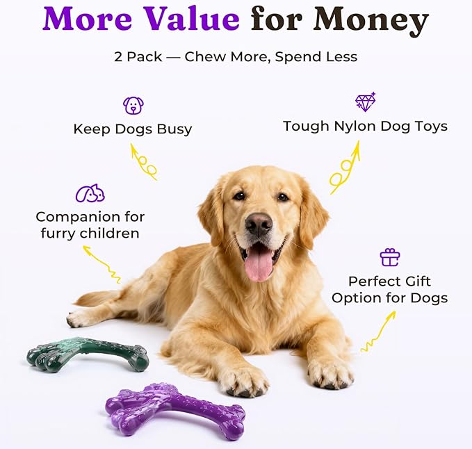 2 Pack Dog Chew Toys for Aggressive Chewers: Indestructible Tough Dog Toys for Large Dogs, Durable Nylon Chew Toys to Keep Dogs Busy, Beef Flavor, Dog Toys for Medium/Large Breed (20-90Lbs)