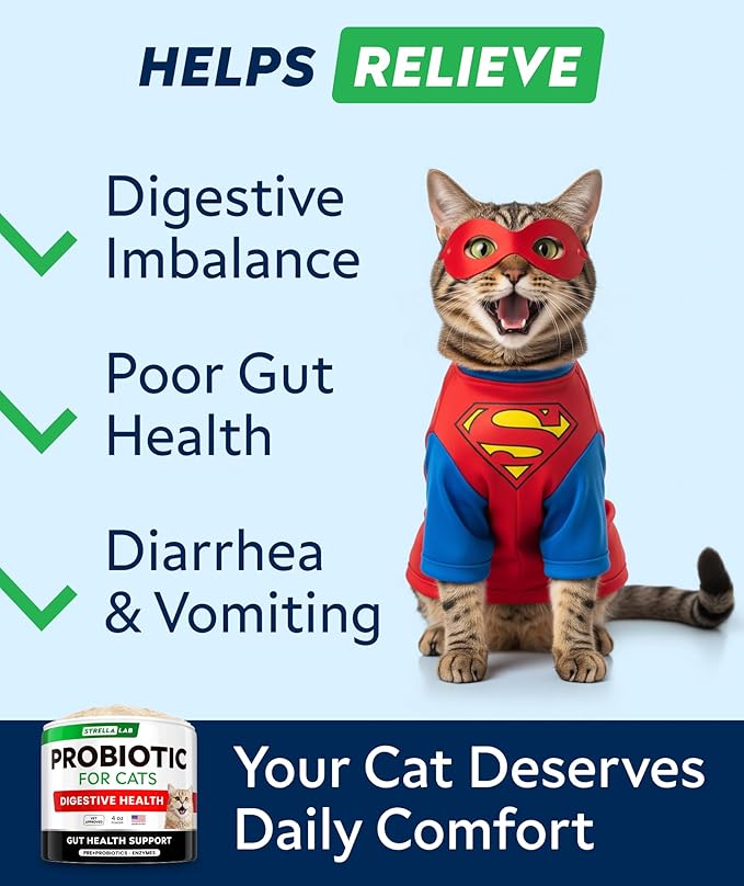 StrellaLab Cat Probiotic Powder - Probiotics for Cats with Diarrhea - Easy to Mix Powder - Cat Probiotics for Indoor Cats, Health Supplies Food Supplement, Digestive Support (8 oz/Pack of 2)