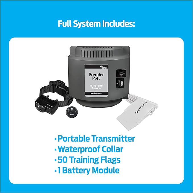 Premier Pet Wireless Dog Fence System - Adjustable Circular Boundary Up to ½ Acre - Waterproof Collar with Tone & 5 Static Levels - No Digging - Expandable to Include Multiple Dogs