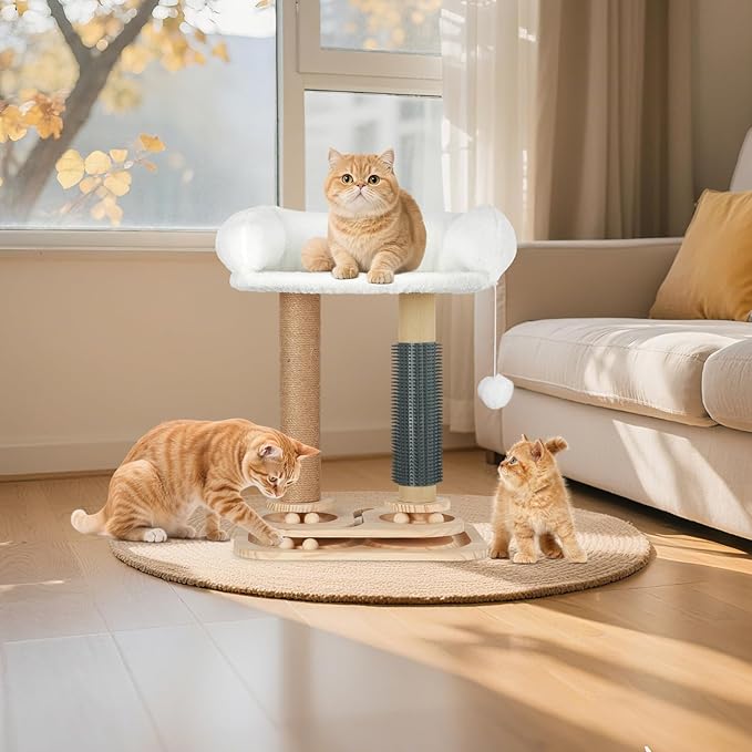 Scratching Post with Bed for Indoor Small Kittens, 4 in 1 Cat Tree with Self Groomer, Track Balls, Natural Sisal Cat Tower with Interactive Toy