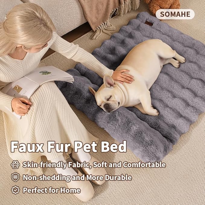 Plush Faux Fur Pet Bed Mat with Non-Slip Bottom, Self-Warming Cat Bed, Washable Pet Bed with Pillow for Cats & Medium Dogs, Machine Washable, 27x20 Inch, Grey