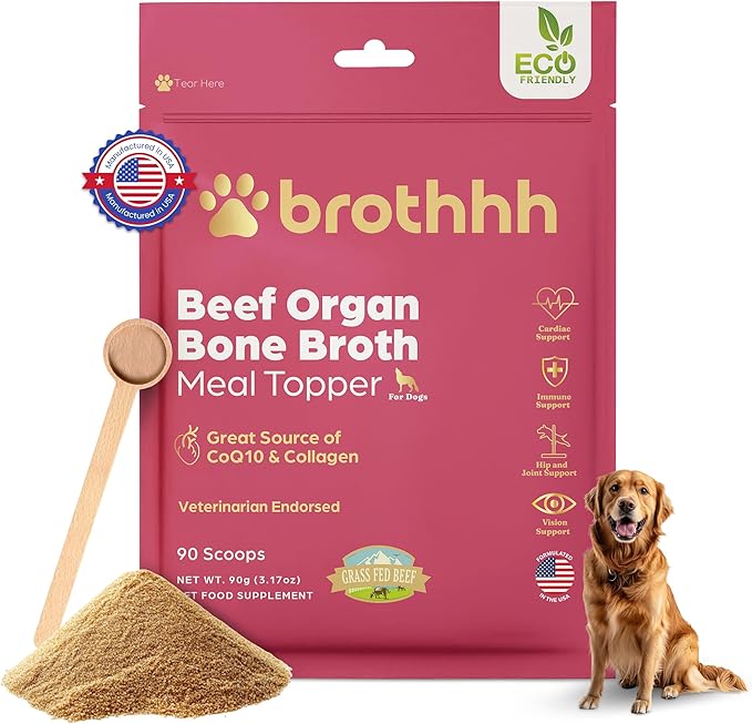 Beef Organ Bone Broth Meal Topper for Dogs - 100% Grass Fed, Veterinarian Approved, Non-GMO by Brothhh - Supports Immunity, Joint & Heart Health, Vision & Vitality - No Fillers - Pet Supplement