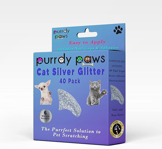 6 Month Supply Soft Nail Caps for Cats Silver Glitter Small - Extra Adhesives