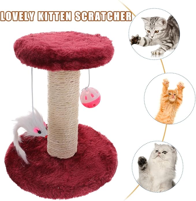 Luxshiny Double-Layer Indoor Cat Scratching Post with Plush Hanging Balls and Sisal Scratching Pillar Vertical Reusable Cat Activity Tower Burgundy Color Random Color