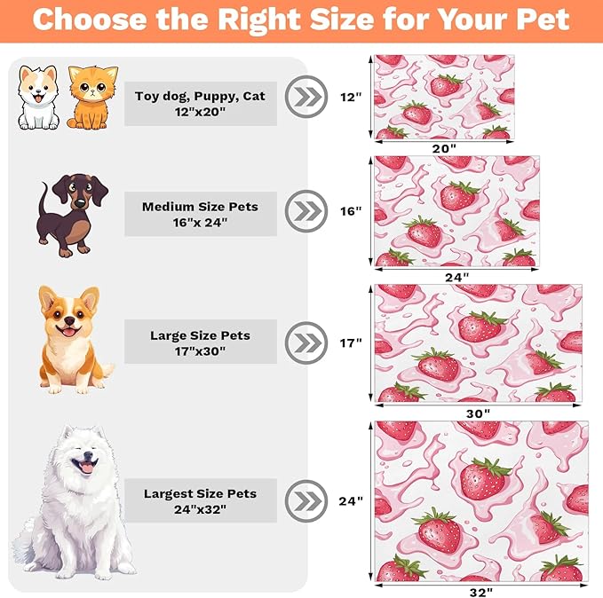 Pink Strawberry Dog Food Mat for Floors Absorbent Dog Bowl Mat for Food and Water Dispenser Quick Dry Cat Food Placemat Pet Supplies 16" x 24", Greean Leaves