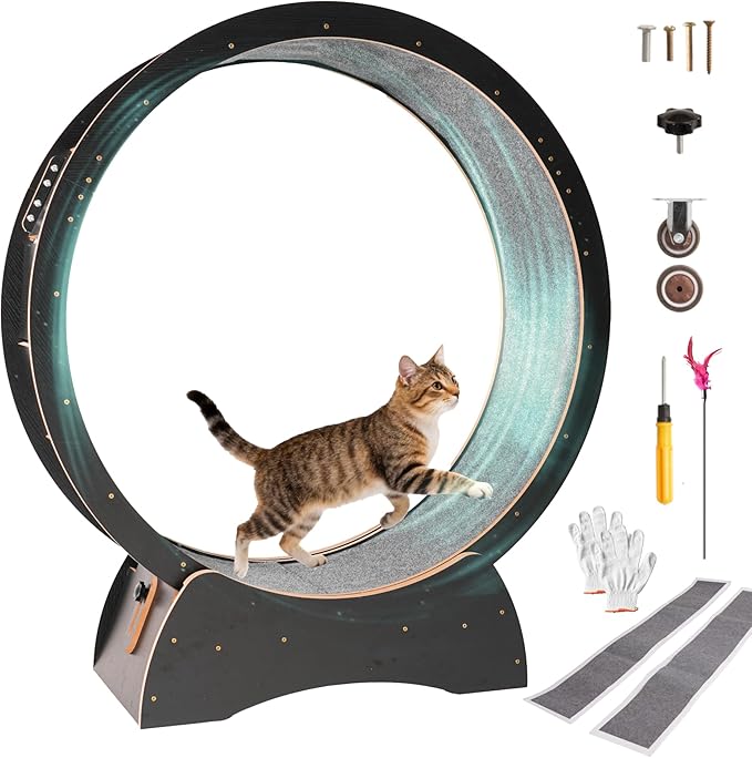 43.3" Cat Exercise Wheel for Large Indoor Cats, Black Cat Running Wheel with 2 Replacement Carpets, Silent Cat Treadmill with Locking Mechanism, Sturdy Cat Fitness Furniture for Cats up to 25 lbs