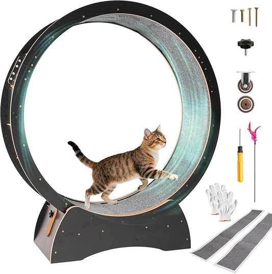 43.3" Cat Exercise Wheel for Large Indoor Cats, Black Cat Running Wheel with 2 Replacement Carpets, Silent Cat Treadmill with Locking Mechanism, Sturdy Cat Fitness Furniture for Cats up to 25 lbs
