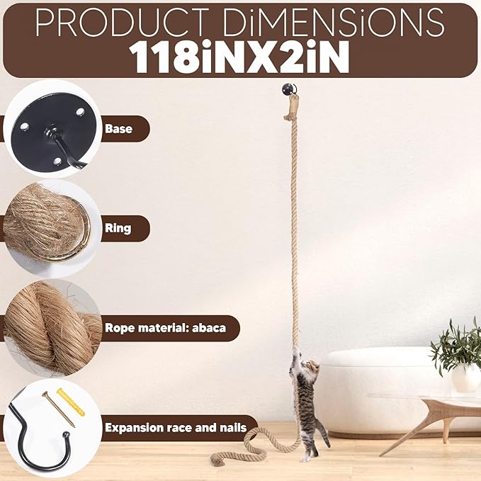 Cat Climbing Rope with Hook,Natural Jute Ropes for Ceiling and Wall Mounted,Cat Climbing Sisal Rope Cats Scratch Rope Suitable for Indoor Cats (1.20" x 9.84Ft)