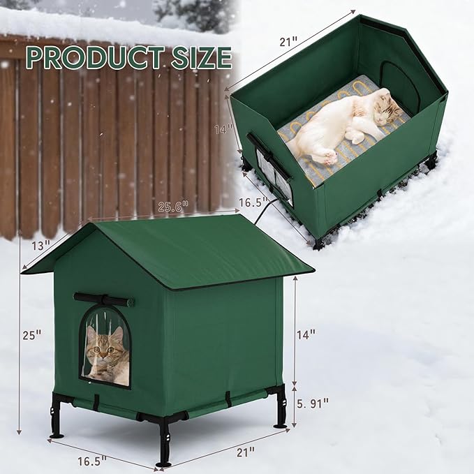 Large Heated Outdoor Cat House, 3-in-1 Weatherproof Insulated Winter Cat Houses 100% Weatherproof, Safe Escape Door Cat Shelter with Heater for Feral Barn Cat Kitty-25.5" L*16.5" W*18.9" H