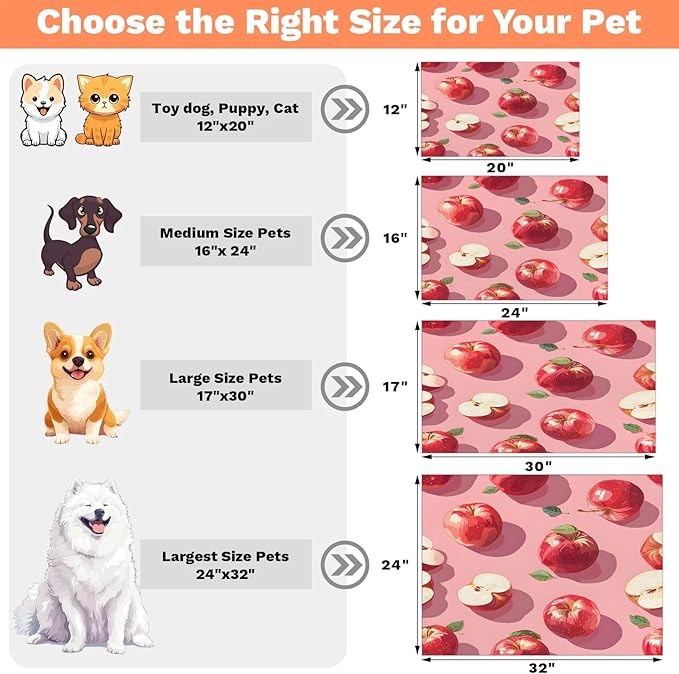 Red Apples Dog Food Mat for Floors Absorbent Dog Bowl Mat for Food and Water Dispenser Quick Dry Cat Food Placemat Pet Supplies 17" x 30", Green Leaves