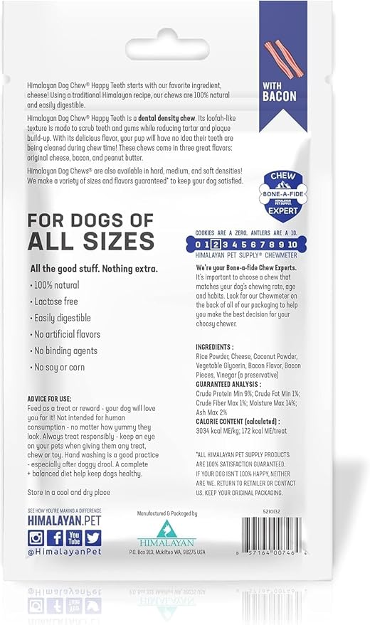 Himalayan Pet Supply Happy Teeth Dental Dog Treat in Bacon, Cheese & Peanut Butter Flavors (3 Bags Total, 2 Pieces per 4 Oz Bag) Plus Shaynanigans Silicone Lid