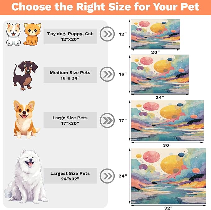 Colorful Mountain Dog Food Mat for Floors Absorbent, Quick Dry Water Dispenser Mat for Food, Water, Pet Supplies 12" x 20", Polka Dots