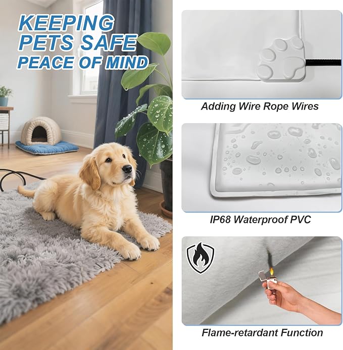Cat Heating Pad 18x18 in with Smart Thermostat Switch and Power Line Protection Tube,Obtained MET and UL Dual Certification,Waterproof Pet Heating Pad for Cats, with Long Velvet Cloth Cover