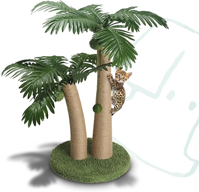 Cat Scratching Post 33 Inch Double Post Support with Hanging Balls, Cat Scratcher for Indoor Kittens, Extra Stable Base, Paw-Friendly Jute Material M