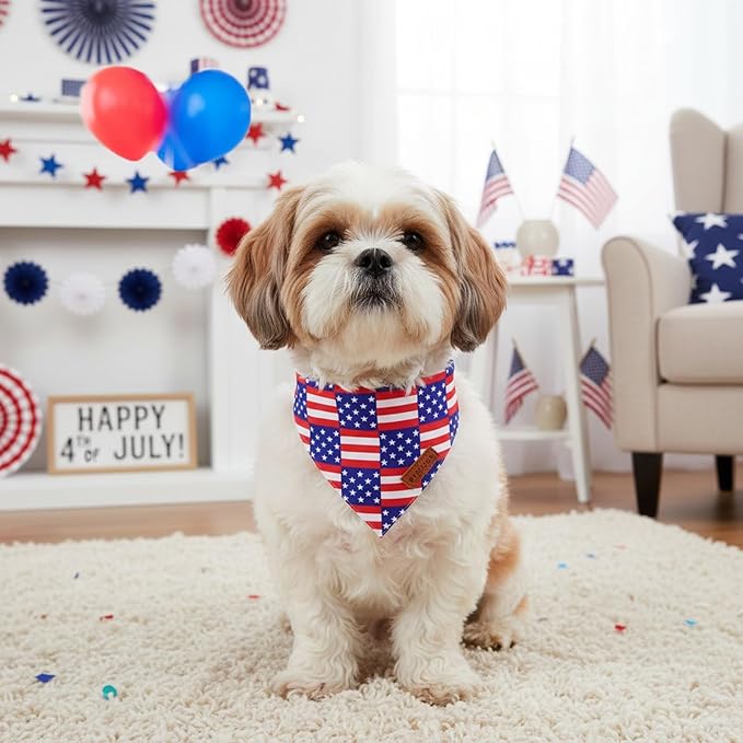 PTDECOR American Flag Dog Bandana, USA Plaid Flag Pet Scarf, 4th of July Adjustable Triangle Patriotic Bandana for Small Dogs Pets (Small)
