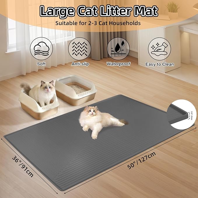 Silicone Cat Litter Mat, 50" x 36" Extra Large Litter Trapping Mat for Litter Box, Leak-Proof, Non-Slip, Kitty Litter Mats with Soft Texture for Floor, Keeping The Floor Clean (Dark Grey)