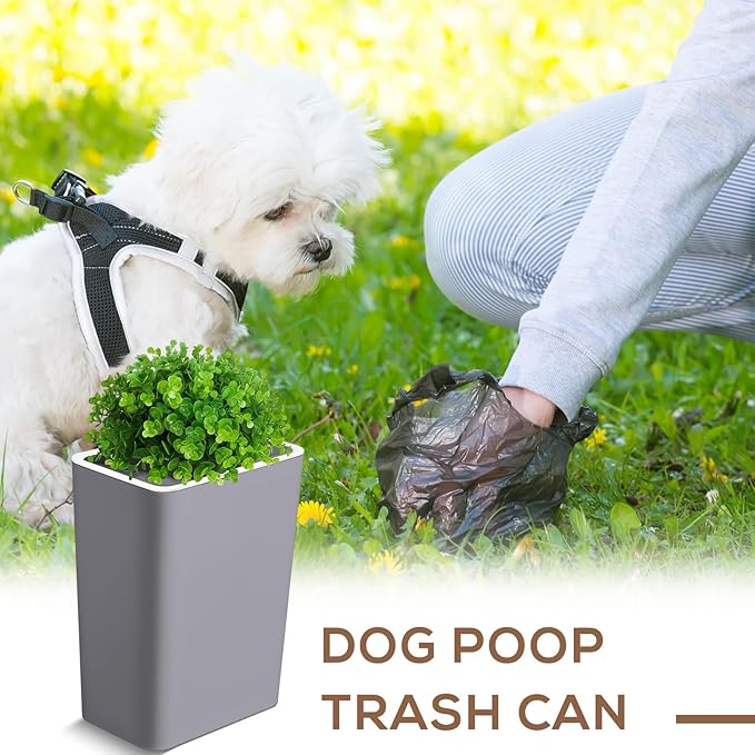 Dog Poop Trash Can Outside 3.96 Gal/15 L Plant Styled Dog Waste Trash Can with Lid 50 Pcs Plastic Waste Bags Outdoor Indoor Poop Container Slim Garbage Bin for Yard Garden Pet (Gray)