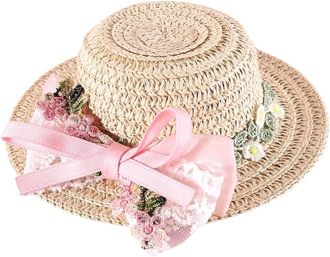 Pet Straw Hat Outdoor Sunbonnet Supplies Flower Lace Puppy Straw with Ribbon Bow Flower Dog for Large Dogs