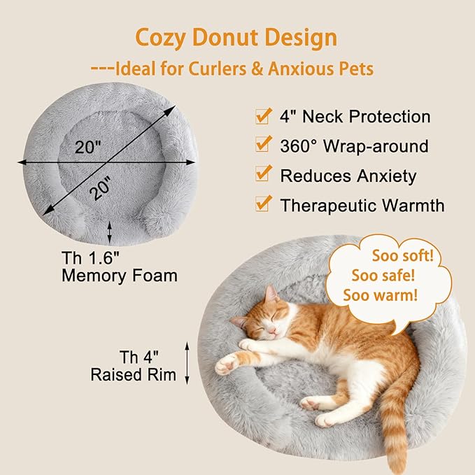 Calming Dog & Cat Beds for Small Medium Dogs Cats, Anti-Anxiety Pet Bed Orthopedic Donut Cushion, Soft Fluffy Faux Fur Warming Cozy Washable, Fits up to 15 lbs Pets (Round, Pale Grey 20")