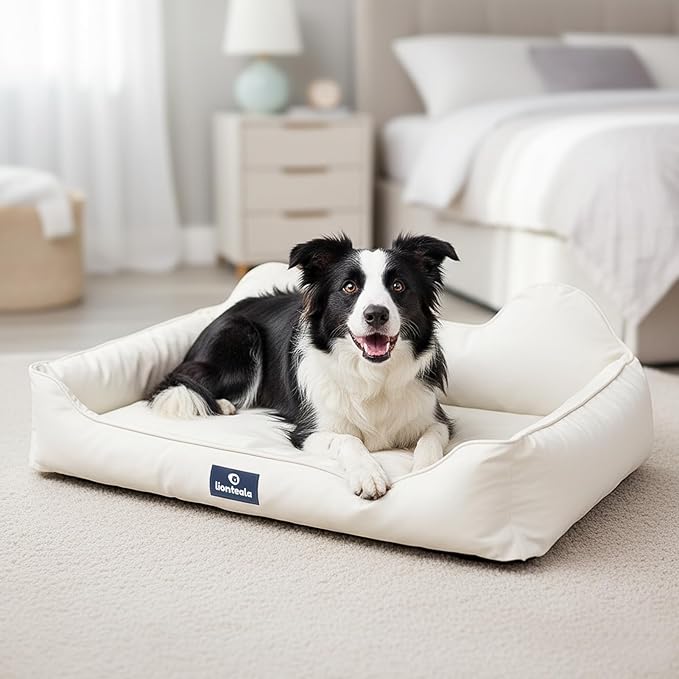 EarsUp Dog Bed 22Inch Leather Dog Sofa, Detachable Orthopedic Puppy Beds, Rectangle Pet with Non-Slip Bottom, Waterproof, Machine Washable (White)