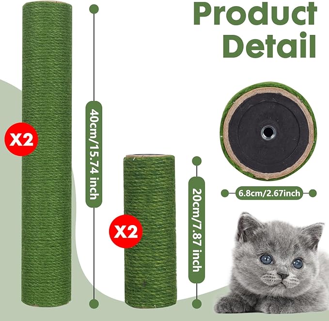 Barelove Cat Scratching Post Replacement, 4 Pieces Cat Scratcher Cat Tree Replacement Parts, 15.4'' x 2.67" Dia + 7.87“ x 2.67" DiaNatural Sisal Rope Cat Scratch Posts Include M8 Screws, Green