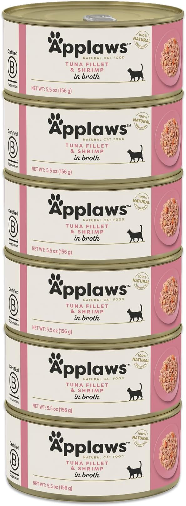 Applaws Natural Wet Cat Food in Broth, Limited and Natural Ingredients, High Protein with No Artificial Additives, Tuna Fillet & Shrimp in Broth (6 x 5.5oz Cans)
