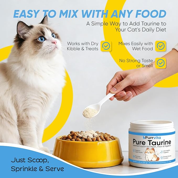 Taurine for Cats, Pure Taurine Powder for Cats, Mix-in Formula for Cat Food, Supports Overall Vitality, Essential Amino Acid for Cat Wellness, 120 g (4.23 oz)