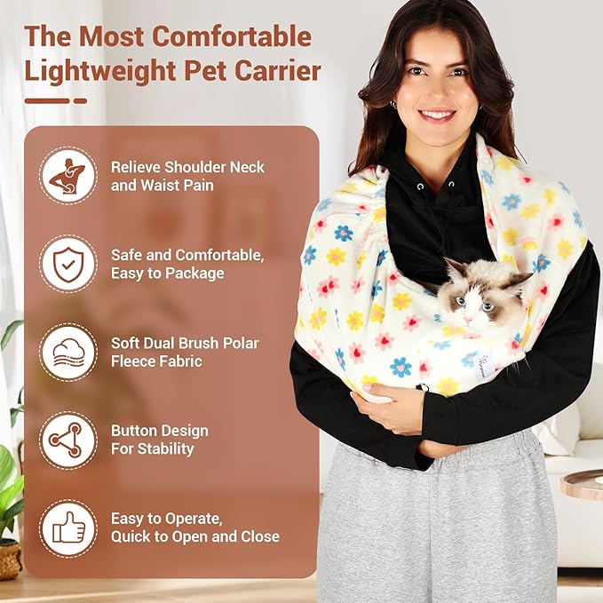 Dog Carrier Sling,Indoor Comfort Adjustable Cat Sling Carrier,With Front Pocket and Seat Belt Dog Carriers for Small Dogs Machine Washable,Suitable for Family Outdoor Use (Large, Daisy)