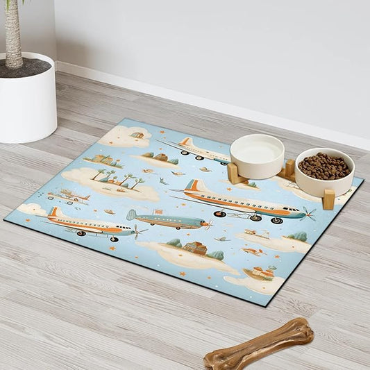 Cartoon Airplane Dog Food Mat for Floors Absorbent, Quick Dry Water Dispenser Mat for Food, Water, Pet Supplies 17" x 30", Star Clouds