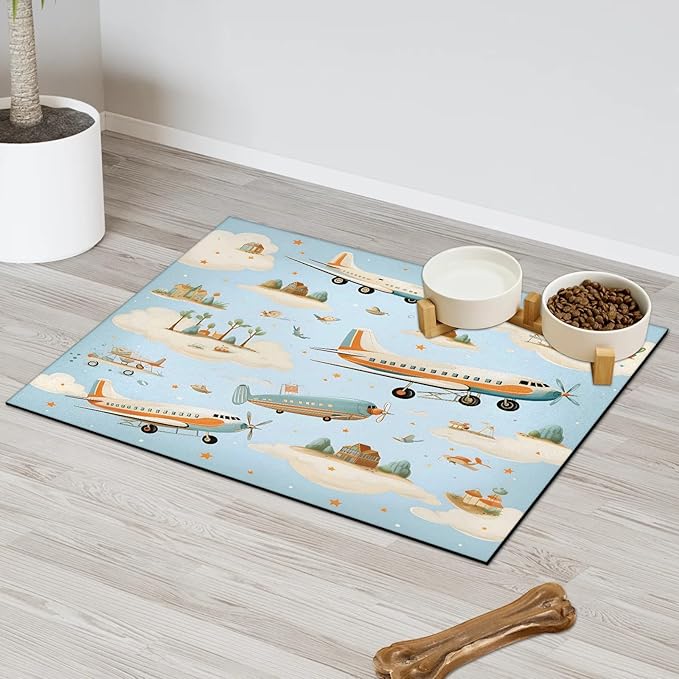 Cartoon Airplane Dog Food Mat for Floors Absorbent, Quick Dry Water Dispenser Mat for Food, Water, Pet Supplies 16" x 24", Star Clouds