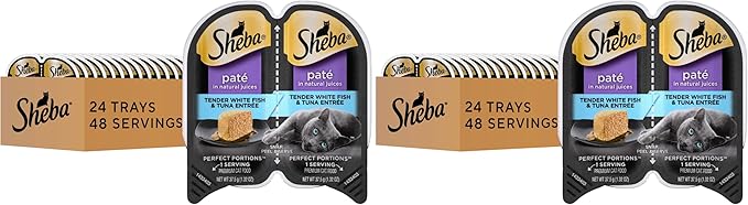 Sheba Perfect Portions Wet Cat Food Pate White Fish & Tuna Entree,2.6 oz. Twin-Pack Trays,Cat Food Wet Recipe (,48 Servings),24 Count (Pack of 2)