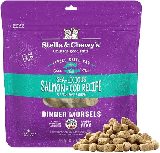 Stella & Chewy's Freeze-Dried Raw Cat Dinner Morsels - Premium Salmon & Cod Recipe with 98% Wild-Caught Fish & Organs - Natural Grain-Free Cat & Kitten Food - Made in USA - 8 oz