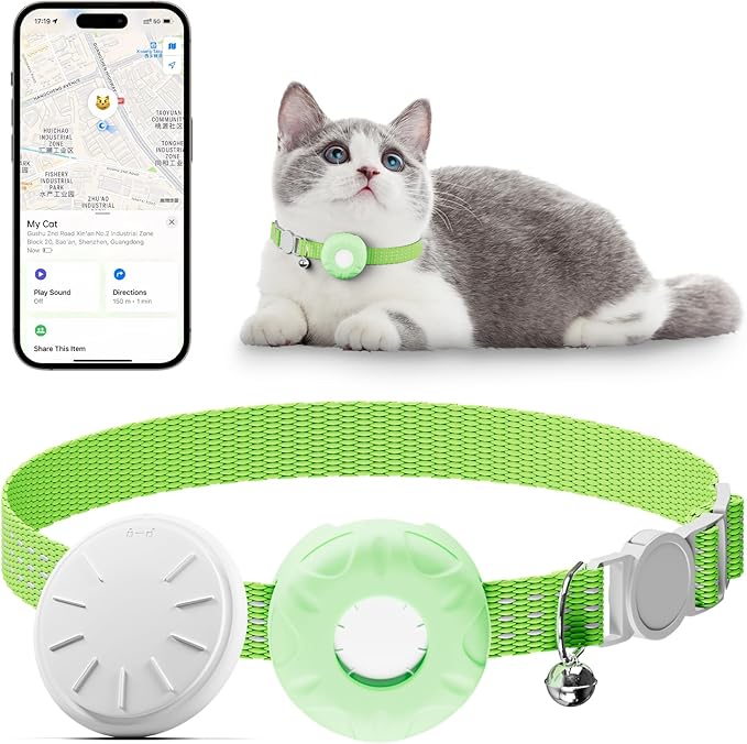 Cat Tracker, Waterproof Pet Tracker for Cats, Cat Tracker Collar with Safety Elastic Buckle, Compatible with Apple Find My App (Only iOS), No Monthly Fee, Light Green