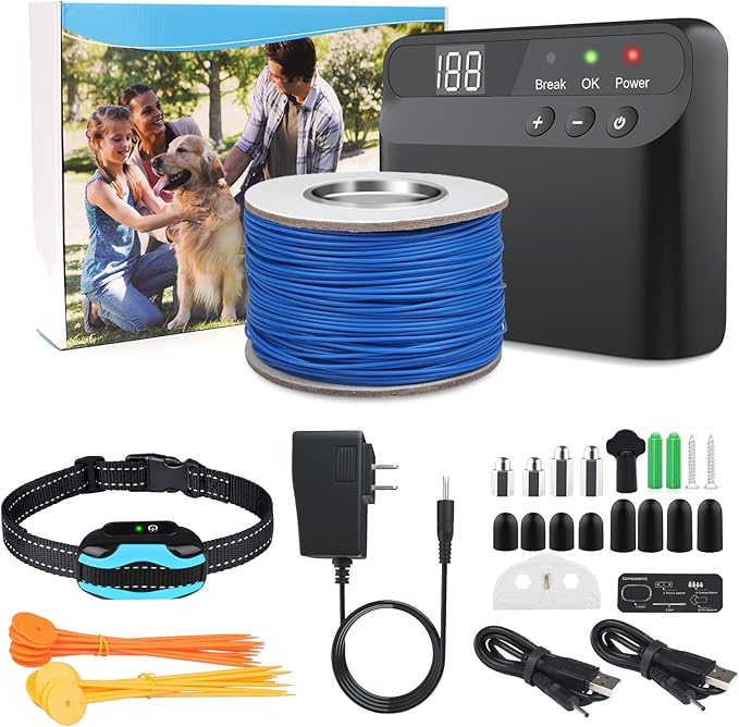 PcEoTllar Electric Fence for Dogs, Electric Dog Fence System, 1 Water Resistant Collar Receiver, with 656Ft Underground/Aboveground Boundary Wire, for Small Medium Large Dogs