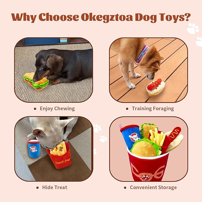 6-Pack Crinkle Squeaky Dog Toys for Aggressive Chewers Fast Food Plush Chew Toys Pet Set: Hide Seek Bucket, Chicken Hamburg, Fries, Cola, Hot Dog Durable Stuffed Dog Toys for Medium Small Breeds Puppy