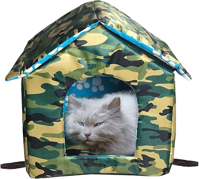 Cat Houses for Outdoor Cats, Feral Cats Dogs House, Weatherproof Warm and Insulated Cat House with Transparent Curtain Pet House, Stray Cats Shelter (Camouflage Green, Medium-Houses)