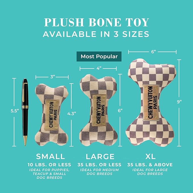 Haute Diggity Dog Checker Chewy Vuiton Bone, Plush Designer Dog Toys with Interactive Squeaker, Stimulating Pet Enrichment, Machine-Washable & Safe Materials for All Breeds, Size Small