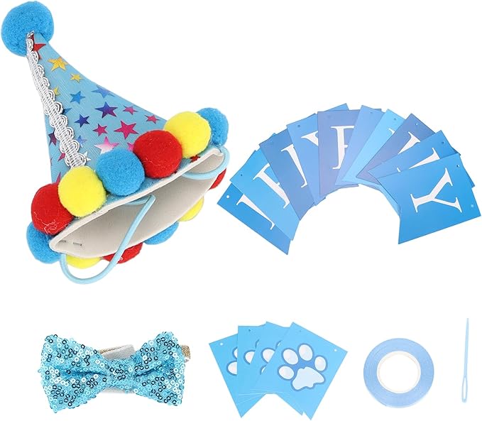 Dog Birthday Hat and Bow Tie Set, Adjustable Soft Pet Birthday Party Supplies with Banner for Small Medium Dogs, Washable Polyester Cotton Decorations for Photo Shoots (Blue)