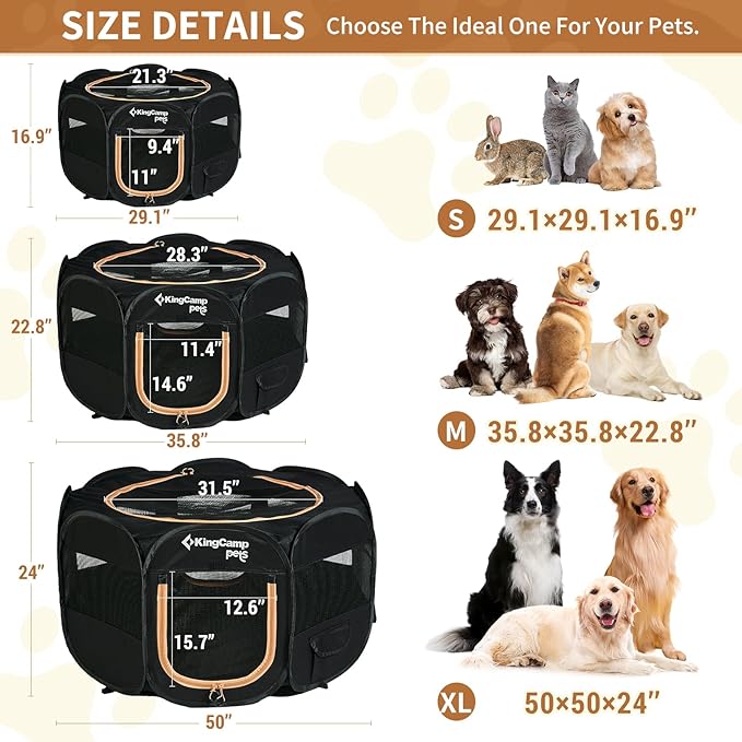 KingCamp Dog Playpen, Portable Foldable Cat Kitten Puppy Tent Crates 29"/36"/50" Pop Up Pet Playpen with Zippered Bottom & Cover for Indoor Outdoor Use (Small, Black)