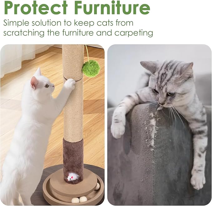 Cat Scratching Post, 35 Inch Tall Cat Scratcher Cat Tree Tower with Hanging Ball for Indoor Cats Adults,Areca Palm,Sisal Rope Kitten Scratch with Interactive Mouse Cat Toy