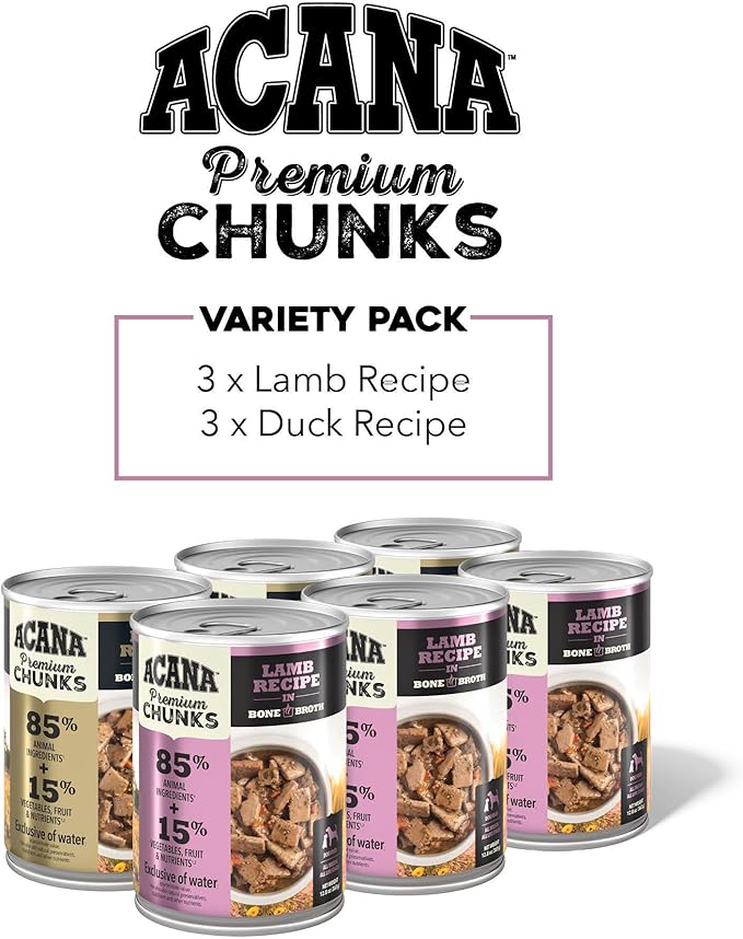 ACANA Premium Chunks in Bone Broth Grain-Free Wet Dog Food Variety Pack: Lamb + Duck Recipes 12.8oz Cans (6 Count, 3 of Each)
